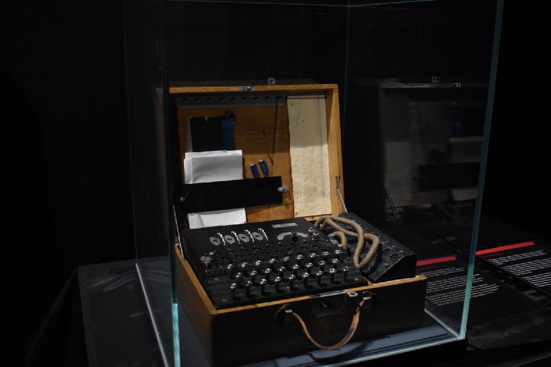 ENIGMA machine in a display case.